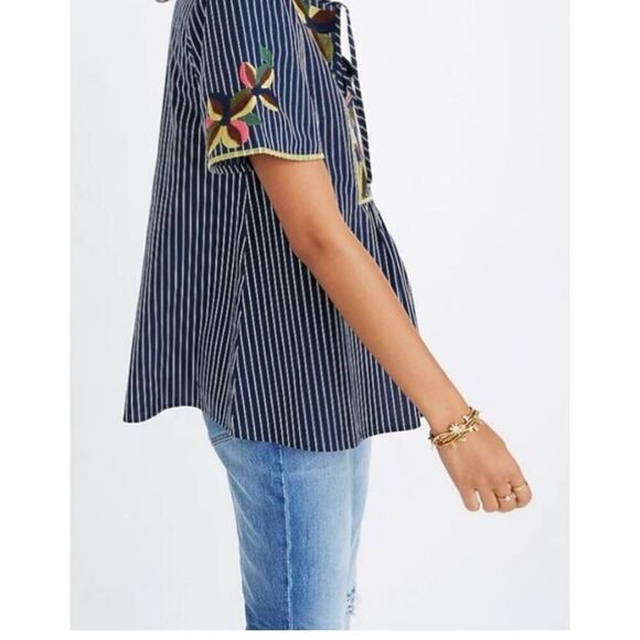 Madewell Fable Cotton Blue Stripe Floral Embroidered Top Size xs - Picture 8 of 9